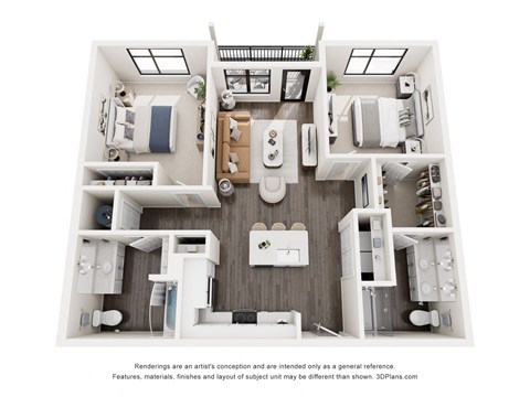 Floor plan for 2 beds, 2 baths, 1067 sqft